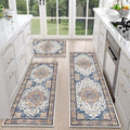 Boho Kitchen Rugs Set of 3 with Runner - Blue/Orange, Non Slip Washable Floor Mats