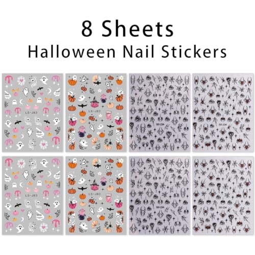 Halloween Nail Stickers Decals - 8 Sheets Ghost Pumpkin Spider Web Bats Glitter - Halloween 03