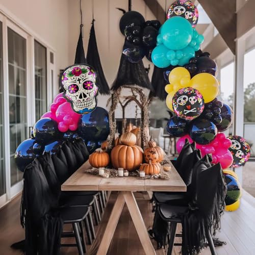 Day of the Dead Balloon Arch Kit with Skull Foil Balloons - Black, Blue, Red, Yellow
