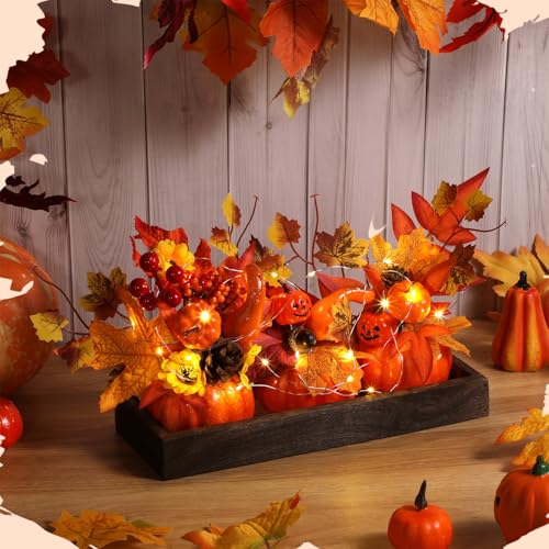 Pumpkin Thanksgiving Centerpiece with Wooden Tray & LED Light - Orange Fall Decor