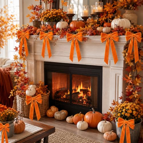 12-Pack Orange Velvet Bow Decorations for Fall & Holiday Crafts - 5 x 10 inches