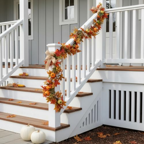 Fall Garland with Maple Leaves Pumpkins Burlap Bows Berries 6FT