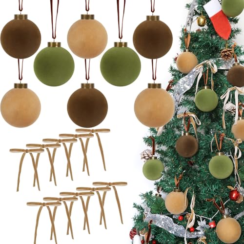 Velvet Christmas Ornaments Set with Bows - Green, Brown & Beige - 25 pcs