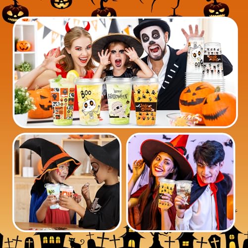 Halloween Plastic Cups 16oz with Lids - 48 Pack, Spooky Ghost, Pumpkin & Spider Designs