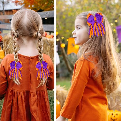 Halloween Hair Bows for Girls - Curly Ribbon 3-Layer Clip with Orange & Purple Variation