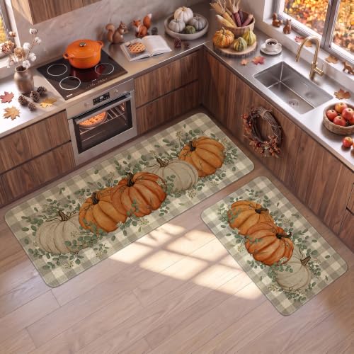 Fall Kitchen Mats Set of 2 - Non Slip Washable Pumpkin Eucalyptus Decor - Yellow Variation