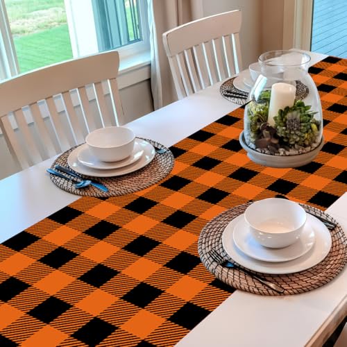 Black and Orange Buffalo Plaid Table Runner 13x72 Inch - Durable Polyester Home Decor