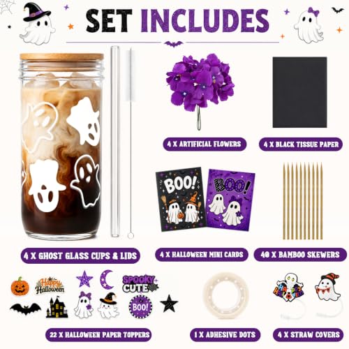 White Ghost Mason Jar Drink Cups Set - 24oz Halloween Tumblers with Lids & Straws