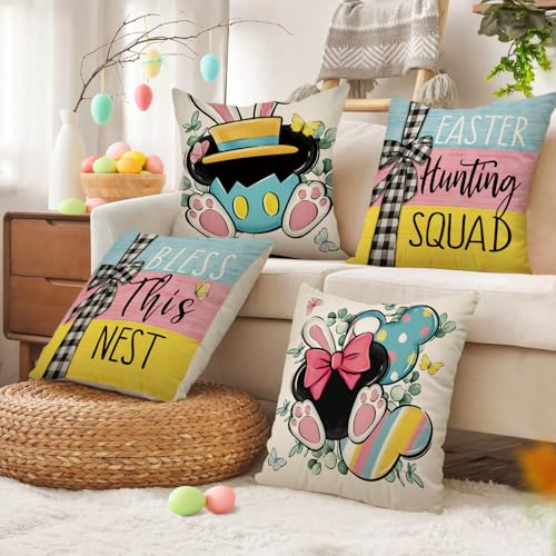 Easter Hunting Squad Throw Pillow Covers 16x16 Set of 4 - Rabbit Ears & Butterfly Design