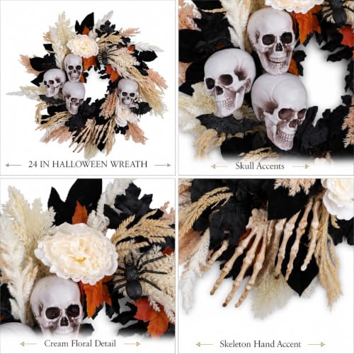 24-Inch Halloween Wreath with Skulls, Leaves & Peonies for Front Door Decor