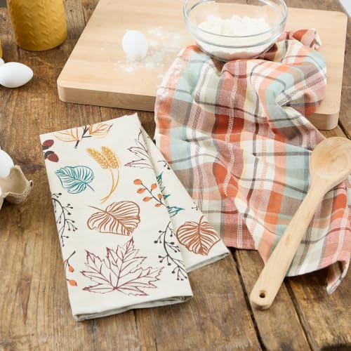Fall Leaves Kitchen Dishtowel Set - Printed & Plaid Autumn Dish Towels, 2 Pack, 18x28