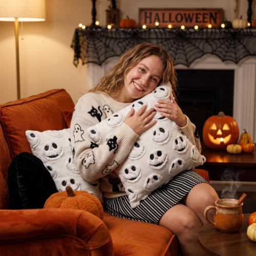 White Halloween Pillow Covers 18x18 Inch Set of 2 Decorative Spooky & Cute Decor
