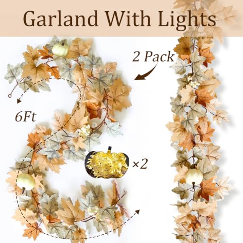 2 Pack Fall Garland with Lights - Maple Leaf Pumpkin Berries Autumn Decor 6Ft