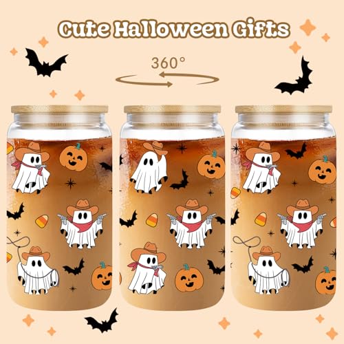 Halloween Cowboy Ghost Glass Mug – 16 oz Spooky Coffee Cup with Lid & Straw