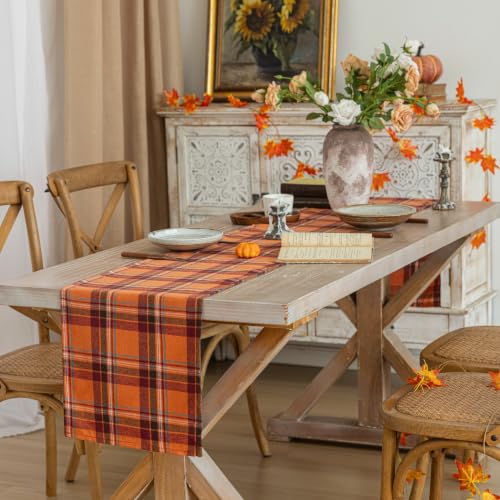 Plaid Fall Thanksgiving Table Runner - Orange Red 13x48 Inches - AQOTHES