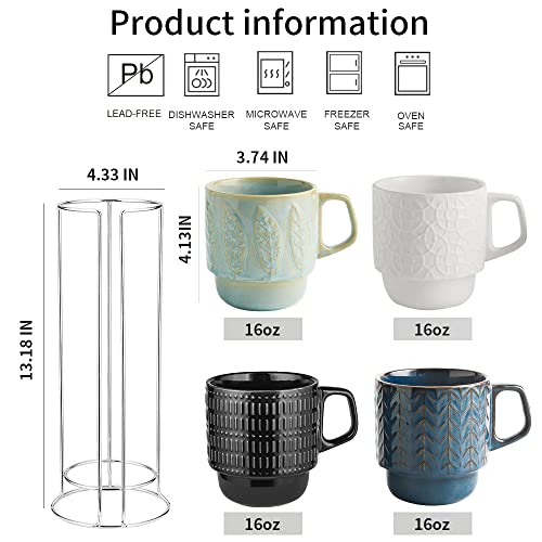KOOV Ceramic Coffee Mug Set with Stand - Blueset, 16 oz Large Stackable Drinkware