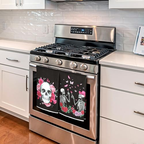 Halloween Skeleton Kitchen Towels Set - 6 Pcs Gothic Skull Dish Towels with Pink, White, Black Variations