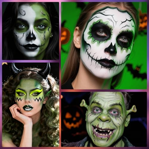 Ogre Green White Black Oil-Based Face Paint Kit for Halloween - SFX Makeup Set with Brushes