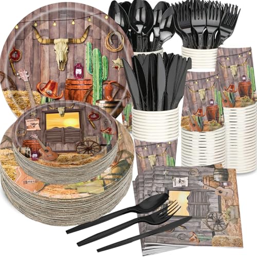 Western Cowboy Party Supplies Set for 25 Guests - Plates, Napkins, Cups & Utensils