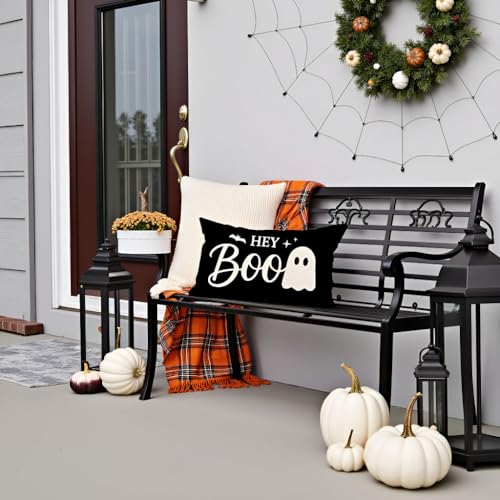 Halloween Throw Pillow Cover 12x20 Inch Black Ghost Decor - Pack of 1