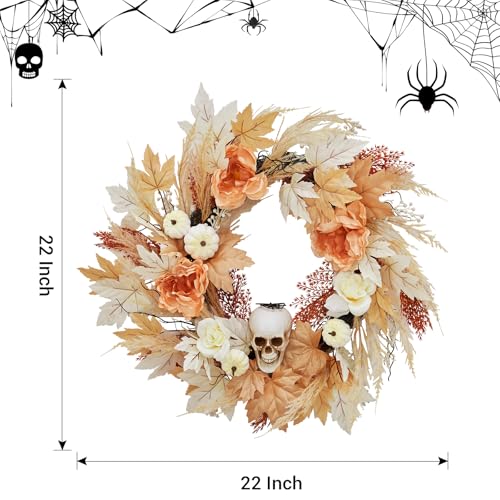 22-Inch Halloween Skull Wreath with Lights for Front Door & Indoor Decor