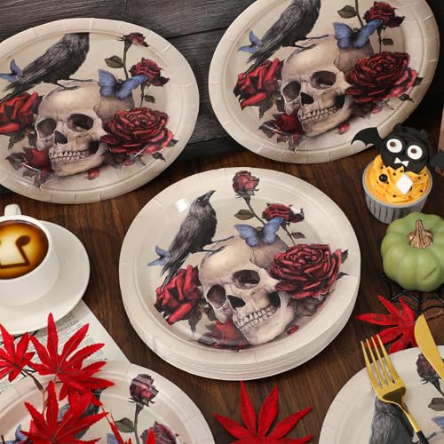 Halloween Vintage Paper Plates with Skull Rose Crow Design - 9 Inch Disposable Party Tableware, Pack of 50