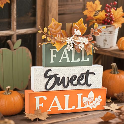 Rustic Fall Decor Wooden Maple Leaf Block Sign - Orange & Green Autumn Tabletop