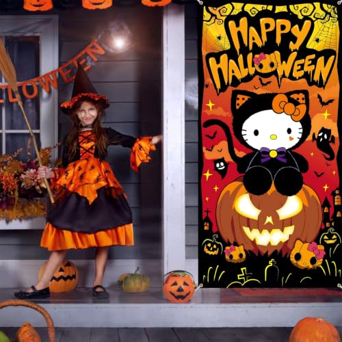 Halloween Door Cover Decorations Pumpkin Ghost Cat Front Door Banner - Reusable & Waterproof