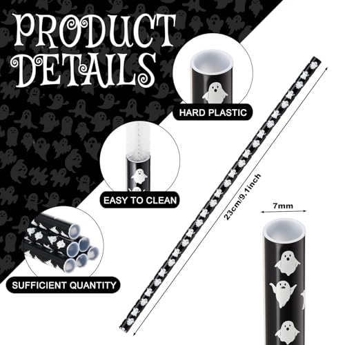 Halloween Ghost Reusable Drinking Straws Bulk - Black & White, 9 Inch, 50 Pieces