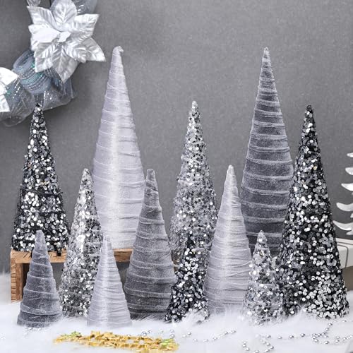 Ireer 12 Pcs Silver Gray Christmas Cone Trees Velvet Tree Decor - Sequin Variant