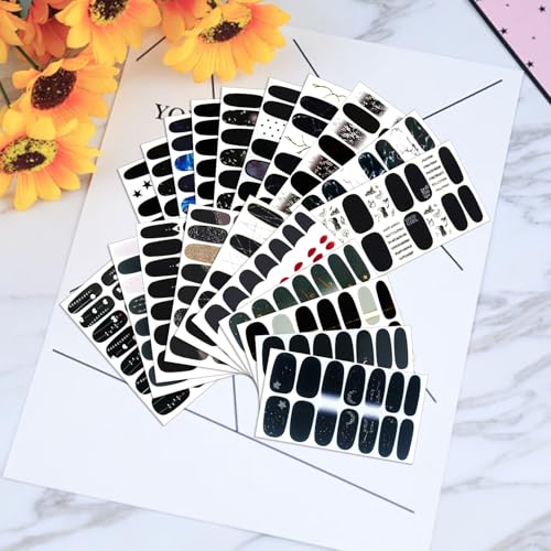 Self-Adhesive Black Nail Wraps Kit 2 - Punk Style Full Stickers for Nails, 20 Sheets, 280 Pieces