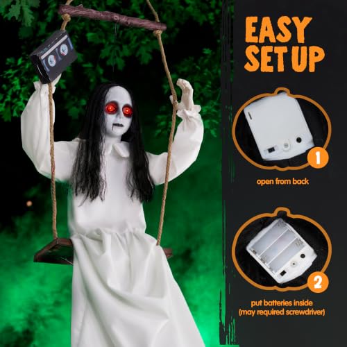 Halloween Hanging Ghost Girl Decoration with Sound & Lights - Black Hair Swinging Girl