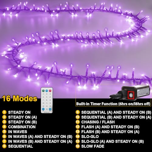 Purple Halloween String Lights - 36FT 500 LED Cluster Lights with 16 Modes, Indoor Outdoor Decor