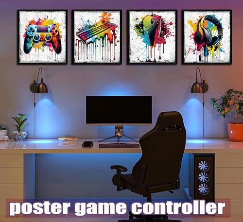 Game Room Wall Art Set - 16x16in Graffiti Gamepad Headphones Posters - 4 Pieces - Kids Bedroom Decor - Game Enthusiast Gift - Variation of THIS listing