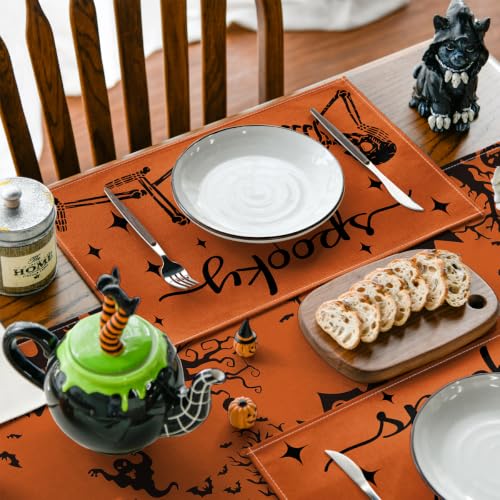 Orange Skeleton Halloween Placemats Set of 4 - 12 x 18 Inch Rectangular Table Decor