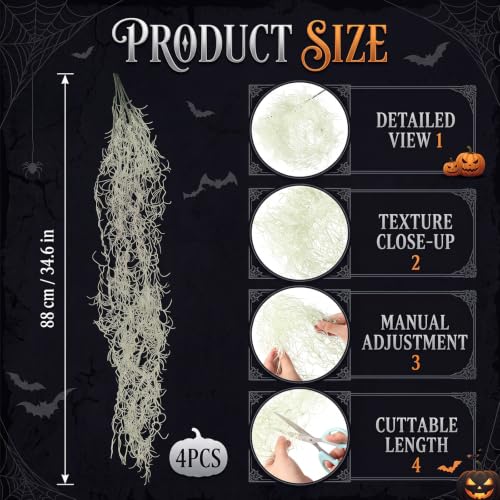 Halloween Moss Garland Set - Spooky White Old Man's Beard Decor for Haunted Scenes - 4 Pieces 2.9ft