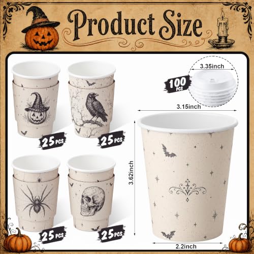 Halloween Disposable Coffee Cups with Lids and Sleeves - 8 oz Pack of 100