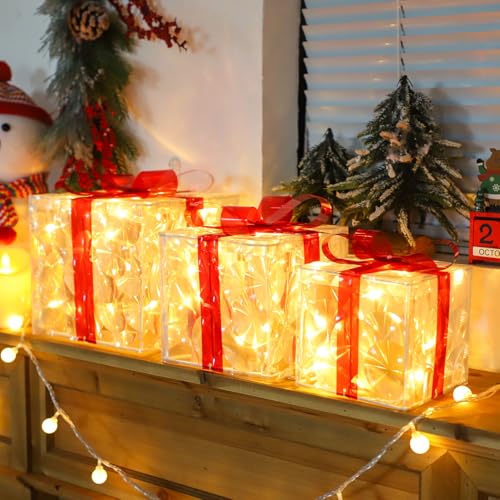Light Up Christmas Gift Boxes Set of 3 with Warm White LEDs - Indoor Outdoor Holiday Decor