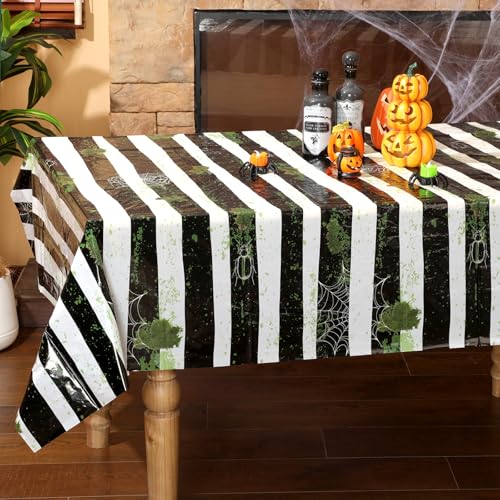 Halloween Worm Theme Black and White Striped Tablecloth Set - 6 Disposable Plastic Covers for Spooky Party Decor