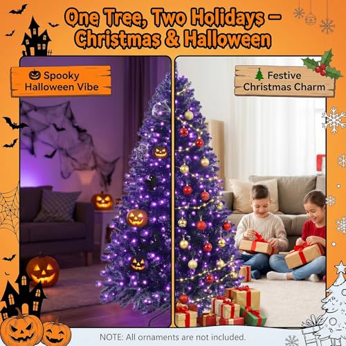 Black 6ft Artificial Christmas Tree with Purple LED Lights, Full Branch Tips & Metal Stand - Halloween & Holiday Decor