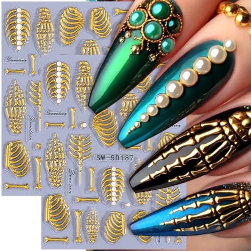 Self-Adhesive Nail Decals - Halloween Skull and Bone Rhinestones - 2 Sheets