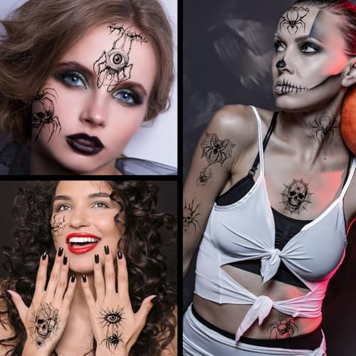 Skeleton Spider Halloween Tattoos - Scary Skull & Web Temporary Body Art with Variation
