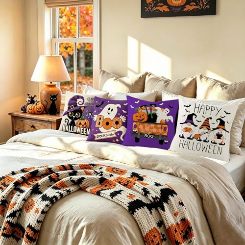Purple Ghost Cat Halloween Throw Pillow Covers Set of 4 18x18 Style 2