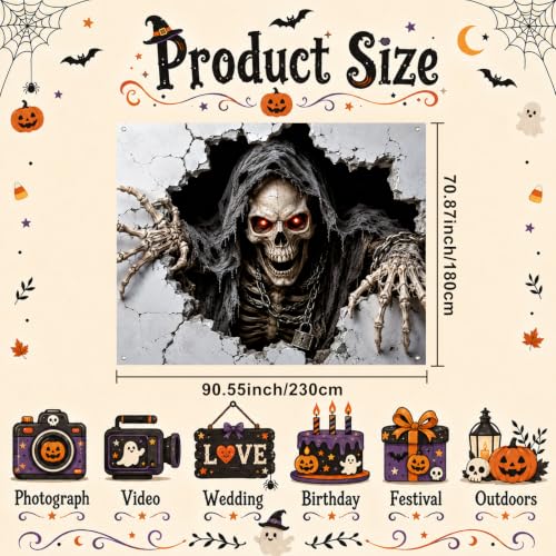 Skeleton Wall Banner Halloween Decor Breakout Banner 71x43 Inch - Hooded Skull Scene