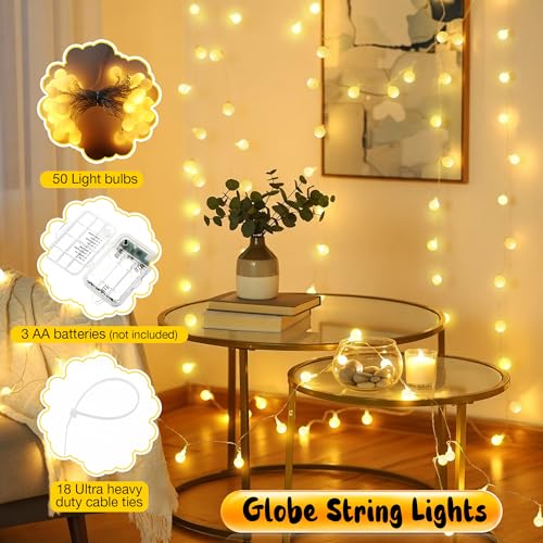 50 LED Globe String Lights with Timer & 8 Modes - Battery Operated Indoor Outdoor Decor
