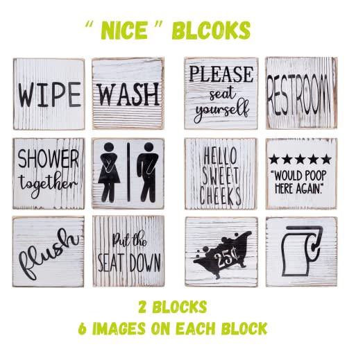 Funny Bathroom Decor Signs Wooden Blocks with Plant & Tray - Rustic Farmhouse Toilet Decor