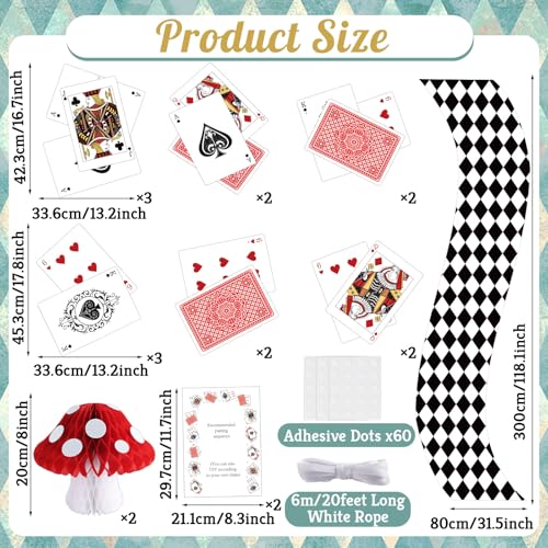 Wonderland Tea Party Decoration Set with Poker Cards, Checkered Runner & Mushrooms