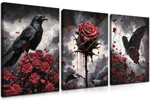 Gothic Crow Wall Art Set - 3 Pieces Canvas Prints with Roses & Skulls, Framed Halloween Decor, 16x12 inches - Crow Rose Variation