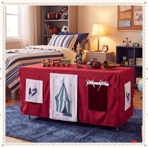 Halloween Circus Tablecloth - Large Peach Skin Fabric with Multi Color Design - 90x118 Inches