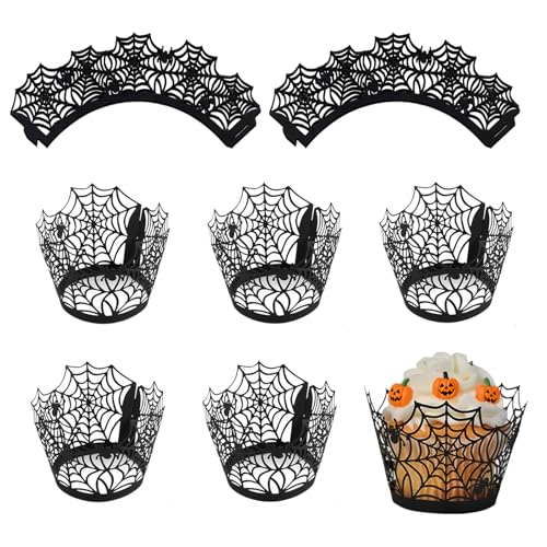 Black Halloween Cupcake Liners with Spider Web Toppers - 50 Pcs